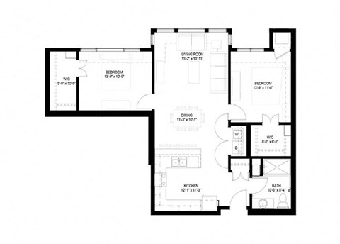 Floor plan for 2 beds, 1 bath, 1076 sqft